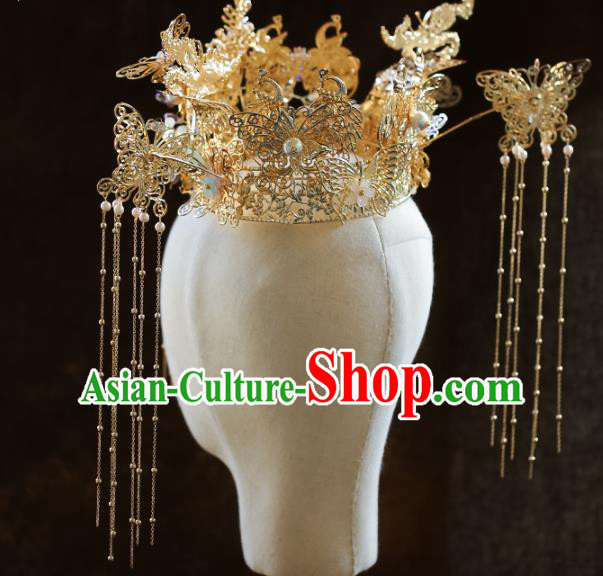 Chinese Ancient Bride Headdress Golden Butterfly Hairpins Phoenix Coronet Traditional Wedding Hair Accessories for Women