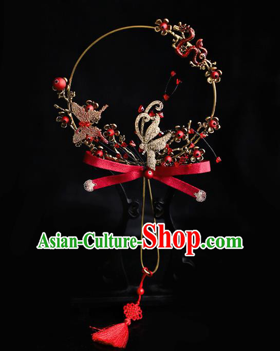Chinese Traditional Red Ribbon Bowknot Palace Fans Handmade Classical Hanfu Wedding Fan for Women