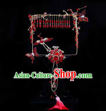 Chinese Traditional Bride Red Crane Pine Palace Fans Handmade Classical Hanfu Wedding Fan for Women
