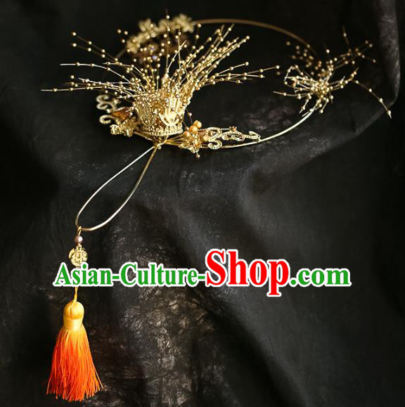 Chinese Traditional Bride Golden Beads Palace Fans Handmade Classical Hanfu Wedding Fan for Women