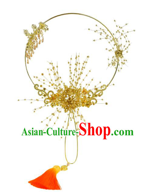 Chinese Traditional Bride Golden Beads Palace Fans Handmade Classical Hanfu Wedding Fan for Women