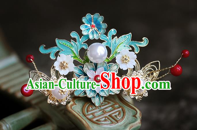 Chinese Ancient Hanfu Blue Flowers Hair Comb Traditional Bride Hair Accessories for Women