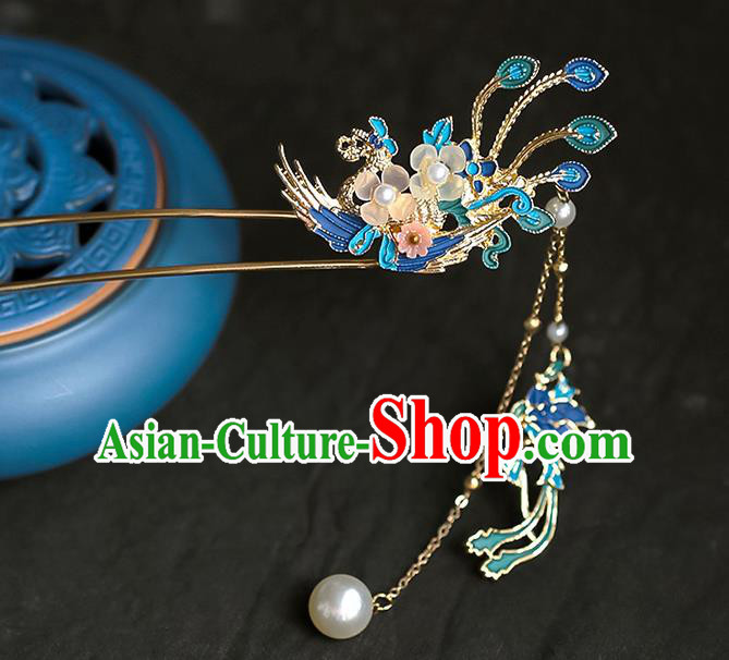 Chinese Ancient Hanfu Blue Phoenix Tassel Hairpins Traditional Bride Hair Accessories for Women