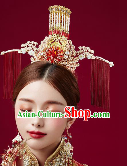 Chinese Wedding Red Crystal Pine Phoenix Coronet Headdress Traditional Ancient Bride Hair Accessories for Women