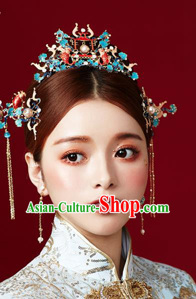 Chinese Ancient Hanfu Carps Hair Combs and Tassel Hairpins Traditional Bride Hair Accessories for Women