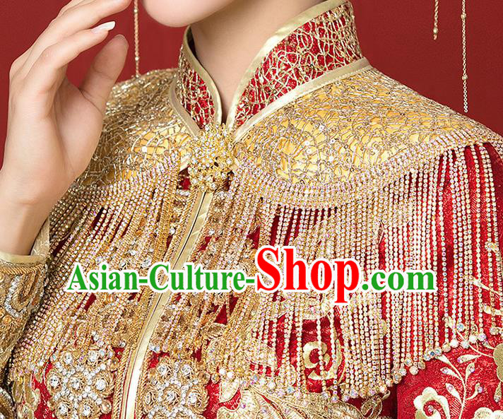 Chinese Ancient Wedding Bride Tassel Golden Shoulder Accessories Traditional Xiuhe Suit Cappa for Women