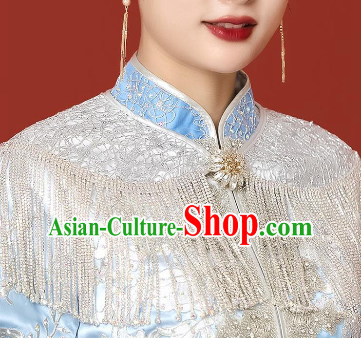 Chinese Ancient Wedding Bride Tassel Grey Shoulder Accessories Traditional Xiuhe Suit Cappa for Women