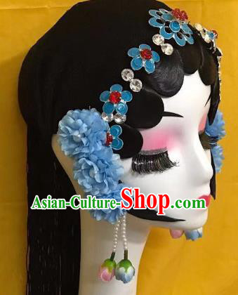 Traditional Chinese Beijing Opera Blue Hairpins Headdress Peking Opera Diva Hair Accessories for Women