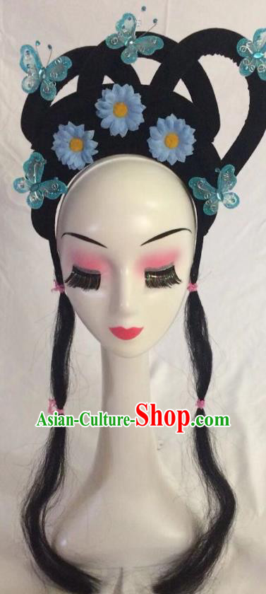 Traditional Chinese Opera Wig Sheath and Blue Flower Hairpins Headdress Peking Opera Diva Hair Accessories for Women