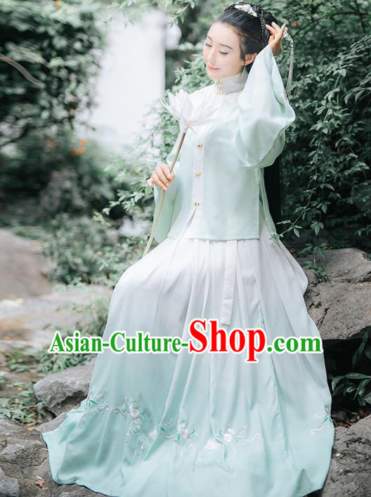 Traditional Chinese Ancient Ming Dynasty Patrician Female Embroidered Light Green Historical Costume Complete Set for Women