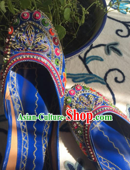 Asian India Traditional Bride Embroidered Leaf Royalblue Leather Shoes Indian Handmade Shoes for Women