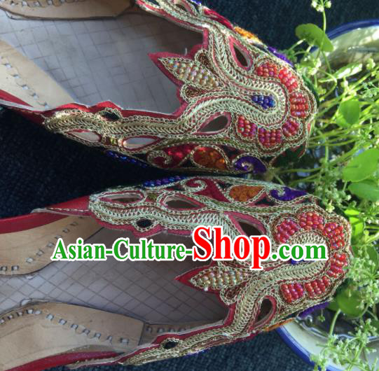 Asian India Traditional Embroidered Red Leather Shoes Indian Handmade Shoes for Women