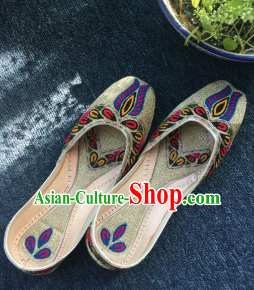 Asian India Traditional Embroidered Light Golden Leather Shoes Indian Handmade Shoes for Women