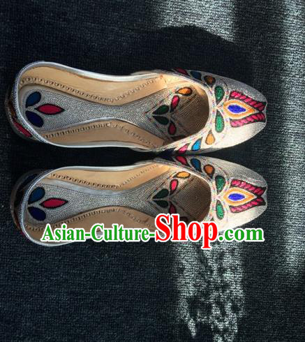 Asian India Traditional Embroidered Argent Leather Shoes Indian Handmade Shoes for Women