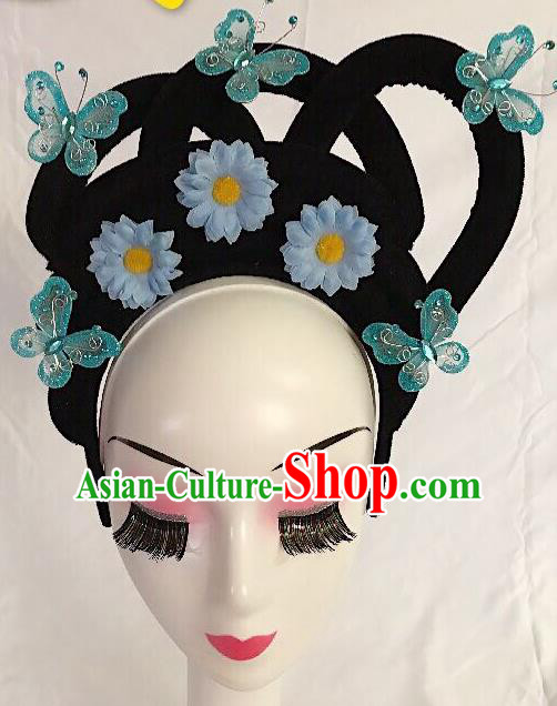 Traditional Chinese Opera Lady Wig Sheath and Blue Flower Hairpins Headdress Peking Opera Diva Hair Accessories for Women