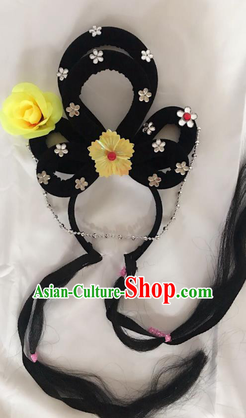 Traditional Chinese Opera Lady Wig Sheath and Yellow Rose Hairpins Headdress Peking Opera Diva Hair Accessories for Women