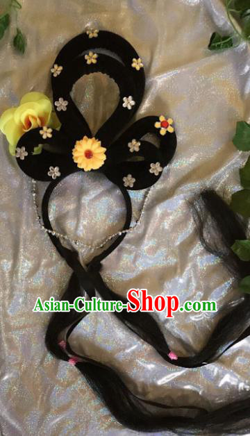 Traditional Chinese Opera Goddess Wig Sheath and Yellow Rose Hairpins Headdress Peking Opera Diva Hair Accessories for Women