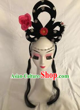 Traditional Chinese Opera Goddess Wig Sheath and Rosy Rose Hairpins Headdress Peking Opera Diva Hair Accessories for Women