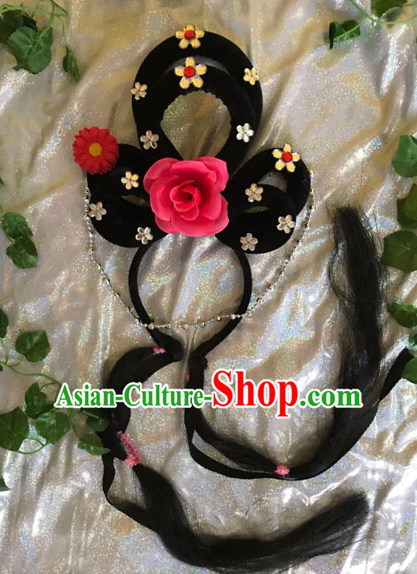 Traditional Chinese Opera Goddess Wig and Red Rose Hairpins Headdress Peking Opera Diva Hair Accessories for Women