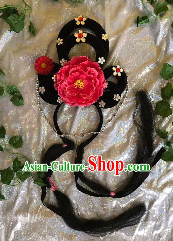 Traditional Chinese Opera Goddess Wig and Red Peony Hairpins Headdress Peking Opera Diva Hair Accessories for Women