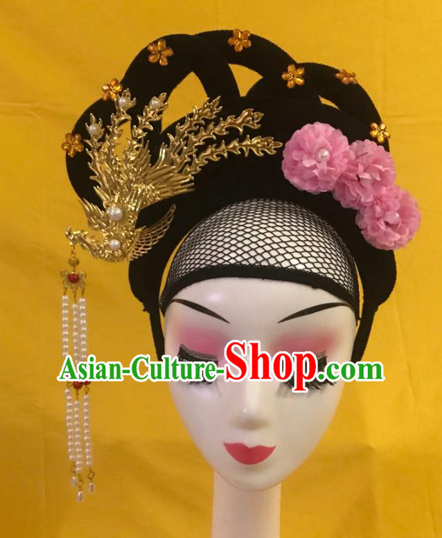 Traditional Chinese Opera Wig and Pink Flower Phoenix Hairpins Headdress Peking Opera Diva Hair Accessories for Women
