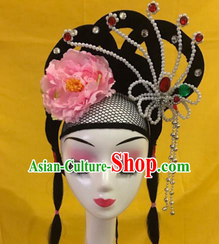 Traditional Chinese Opera Wig Chignon and Pink Peony Hairpins Headdress Peking Opera Diva Hair Accessories for Women