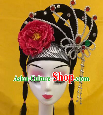 Traditional Chinese Opera Wig Chignon and Red Peony Hairpins Headdress Peking Opera Diva Hair Accessories for Women