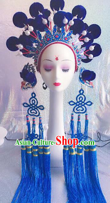 Traditional Chinese Opera Blue Venonat Phoenix Coronet Headdress Peking Opera Diva Hair Accessories for Kids