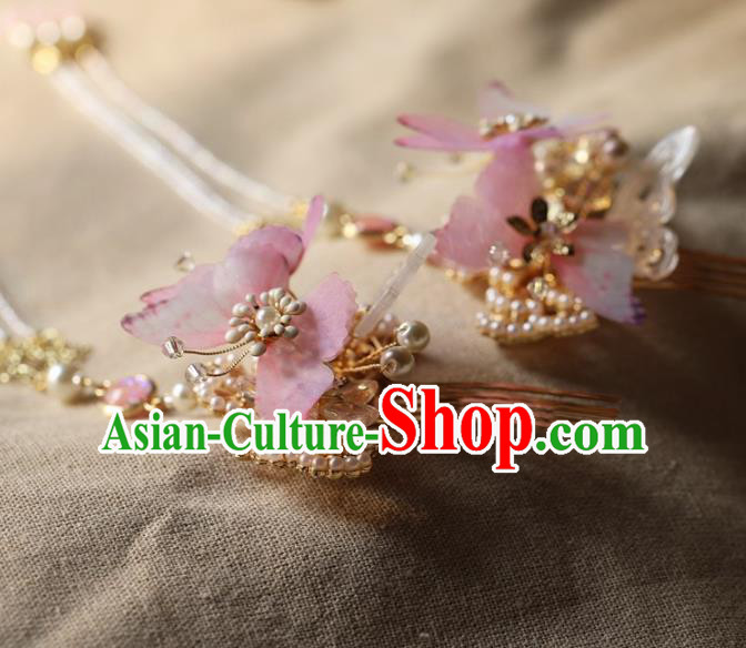 Traditional Chinese Handmade Pink Butterfly Tassel Hair Comb Headdress Ancient Hanfu Hair Accessories for Women