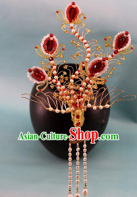 Traditional Chinese Handmade Golden Phoenix Tassel Hairpins Headdress Ancient Hanfu Hair Accessories for Women
