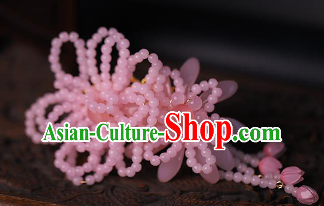 Traditional Chinese Handmade Pink Beads Tassel Hairpins Headdress Ancient Hanfu Hair Accessories for Women