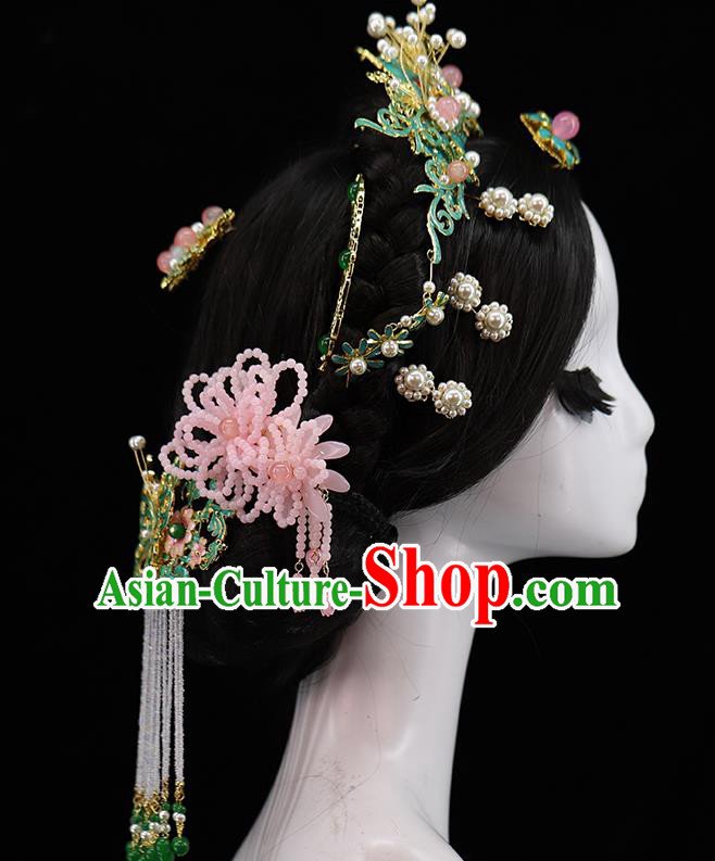 Traditional Chinese Qing Dynasty Tassel Hairpins Hair Comb Headdress Ancient Queen Hair Accessories Complete Set for Women