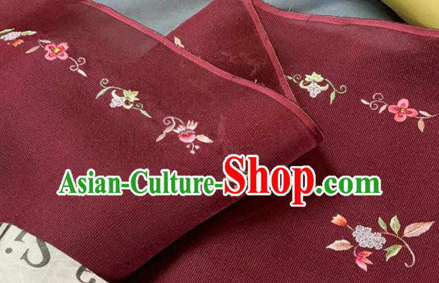 Chinese Classical Embroidered Flowers Pattern Design Wine Red Silk Fabric Asian Traditional Hanfu Material