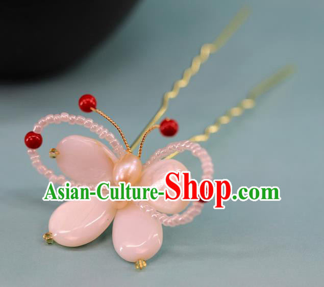 Traditional Chinese Handmade Pink Shell Butterfly Hairpins Headdress Ancient Hanfu Hair Accessories for Women