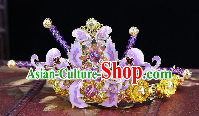 Traditional Chinese Purple Flowers Hairpins Hair Crown Headdress Ancient Queen Hair Accessories Complete Set for Women