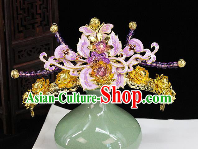 Traditional Chinese Purple Flowers Hairpins Hair Crown Headdress Ancient Queen Hair Accessories Complete Set for Women