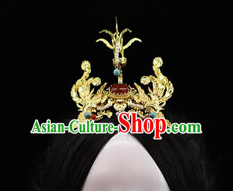 Traditional Chinese Qing Dynasty Golden Phoenix Hairpins Hair Crown Headdress Ancient Queen Hair Accessories for Women