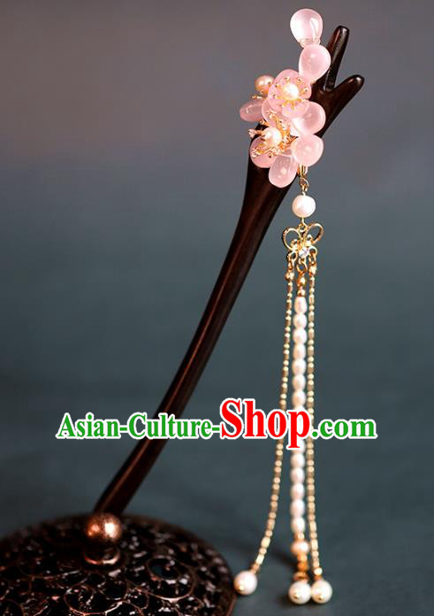 Traditional Chinese Handmade Ebony Pink Sakura Hairpins Headdress Ancient Hanfu Hair Accessories for Women