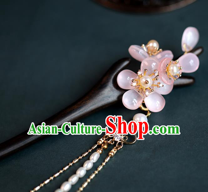 Traditional Chinese Handmade Ebony Pink Sakura Hairpins Headdress Ancient Hanfu Hair Accessories for Women