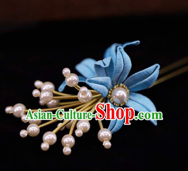 Traditional Chinese Handmade Blue Flower Hairpins Headdress Ancient Hanfu Hair Accessories for Women