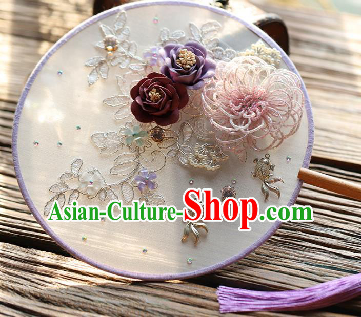 Traditional Chinese Handmade Round Fans Ancient Hanfu Beads Flowers Palace Fan for Women