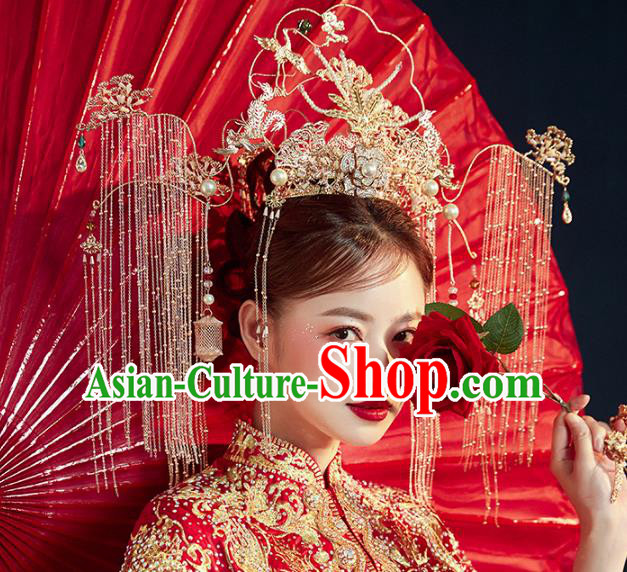 Traditional Chinese Wedding Golden Crane Phoenix Coronet Hairpins Headdress Ancient Queen Hair Accessories for Women