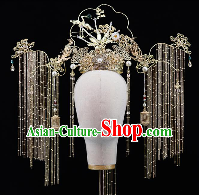 Traditional Chinese Wedding Golden Crane Phoenix Coronet Hairpins Headdress Ancient Queen Hair Accessories for Women