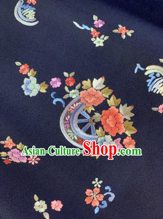 Chinese Classical Embroidered Fan Flowers Pattern Design Navy Silk Fabric Asian Traditional Hanfu Material
