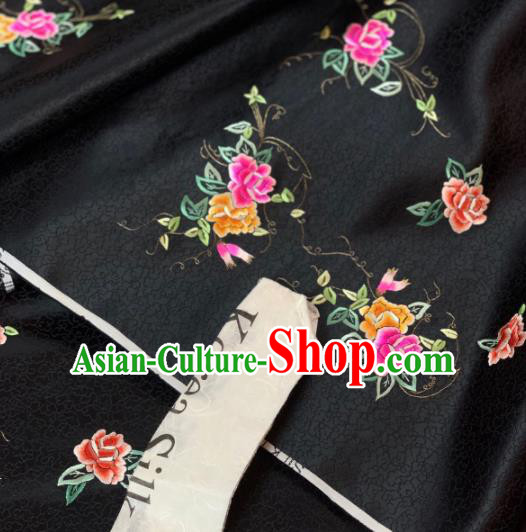 Chinese Classical Embroidered Peony Pattern Design Black Silk Fabric Asian Traditional Hanfu Material