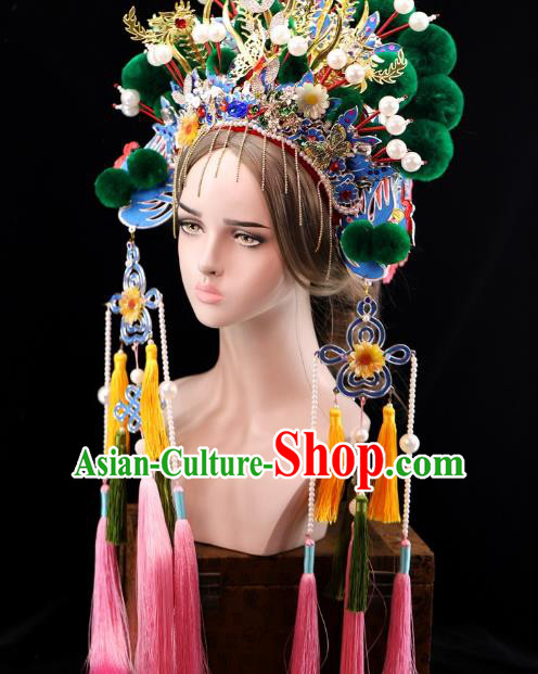 Traditional Chinese Opera Green Venonat Phoenix Coronet Headdress Peking Opera Diva Hair Accessories for Women