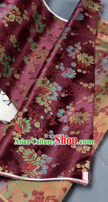 Chinese Classical Peony Pattern Design Wine Red Silk Fabric Asian Traditional Hanfu Material