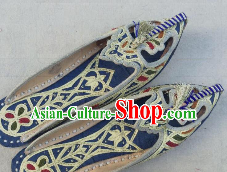 Asian India Traditional Embroidered Navy Slippers Indian Handmade Shoes for Women