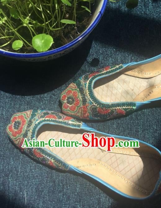 Asian India Traditional Embroidered Beads Blue Leather Shoes Indian Handmade Shoes for Women