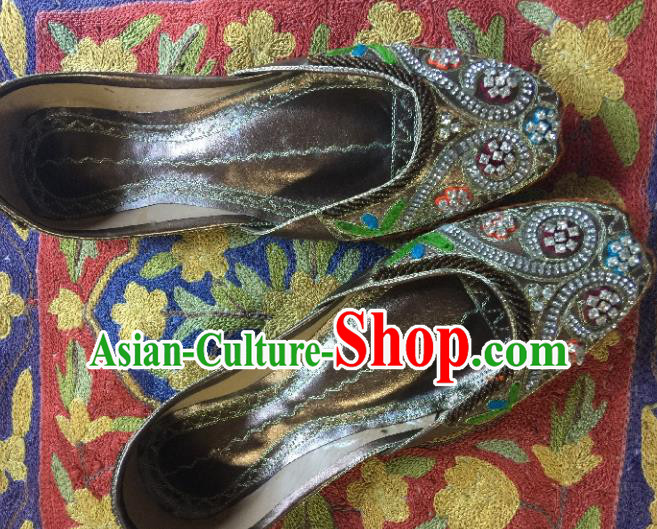 Asian India Traditional Embroidered Argent Crystal Shoes Indian Handmade Shoes for Women